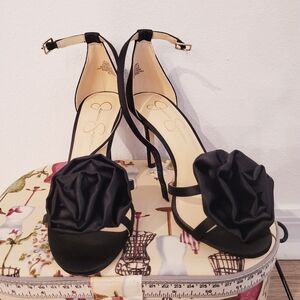 Jessica Simpson Black Satin Rosette Ankle-Strap Heels